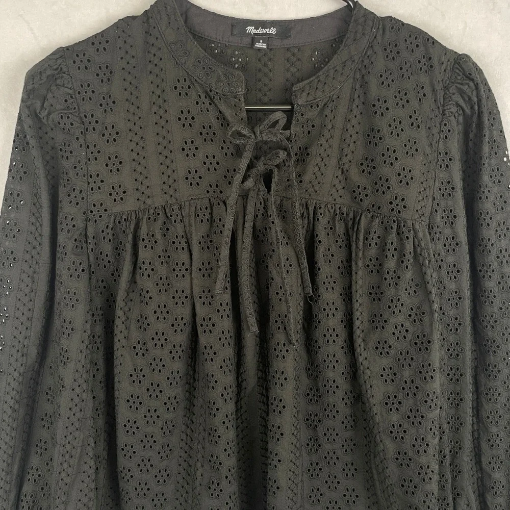 Madewell Black Cotton Victorian Goth Eyelet Tie Neck Long Sleeve Blouse Top S - Picture 3 of 8
